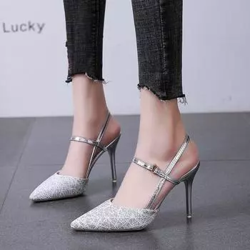 Сексуальные туфли на высоком каблуке женские профессиональные туфли на тонком каблуке 2024 новые туфли с острым носком на высоком каблуке модные сандалии 9 см 34 чёрный