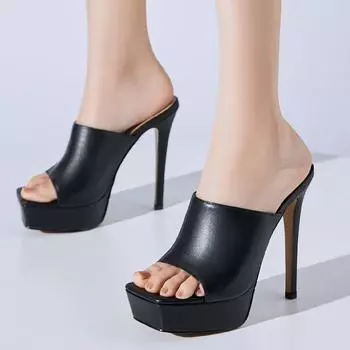 Sexy High Heels Women s Slippers Platform 2024 Summer Slides Women Mules Shoes Genuine Leather Black White Sandals Large Size 34 чёрный