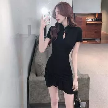 Sexy Hip Summer Slimming Ruffle Black Dress Black L (47.50 kg-52.50 kg