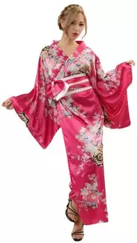 Sexy Japanese Japanese Floral with Obi [Lady Lazy] Kimono, Clothes, Cosplay, Clothing, Long, Crossdressing, Yukata, Pattern, (Vivid Pink)