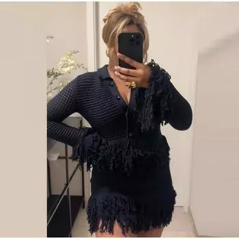 Сексуальный трикотажный топ с кисточками, юбка, женский комплект, однобортный топ с длинным рукавом и лацканами, плиссированные мини-юбки 2025 года, модный однотонный женский костюм S темно-синий