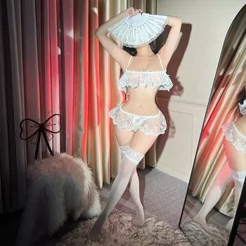 Sexy lace three-point pajamas mesh erotic underwear women s crotch free passion temptation perspective suit One size