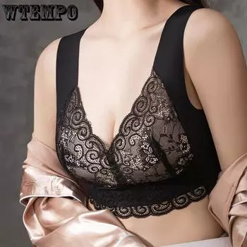 Сексуальный кружевной жилет без следов с фиксированной чашкой, нижнее белье с эффектом пуш-ап и боковой подкладкой для сна без косточек, чехол для бюстгальтера больших размеров M чёрный