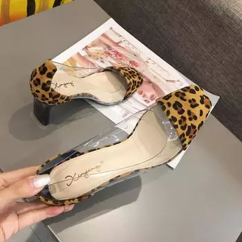 sexy leopard high heels shoes woman designer patchwork transparent pumps women square toe strange heeled tacones de mujer 4.5 бежевый