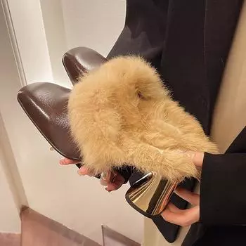 Сексуальные тапочки с леопардовым принтом на высоком каблуке, женские зимние новые пушистые теплые тапочки, женские элегантные модные шлепанцы с закрытым носком 35 цветной печати леопарда