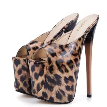 Sexy Leopard Summer Shoes Women s Slippers Extreme 19cm High Heels Sandals Slides Platform Mules Shoes Lady Large Size 45 50 34 коричневый