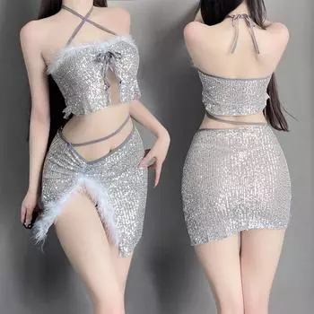 Сексуальное нижнее белье ночной клуб чистое желание ярко-серебристый с вырезами на груди ночная сорочка с разрезом комплект горячие бедра свободно 99 average size (80-60kg)