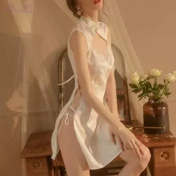 Сексуальное нижнее белье сексуальное глубокое V сетчатая перспектива вырезанная пижама горячий разрез бретельки ципао униформа One size S-XL (80-65kg)