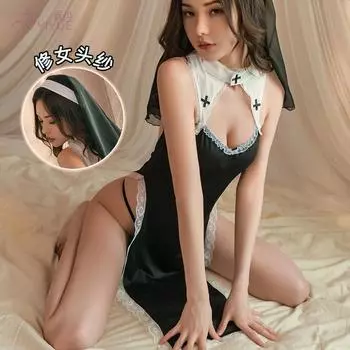 Сексуальное нижнее белье сексуальный костюм монахини горячее полое соблазнение юбка с высоким разрезом костюм для косплея One size