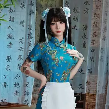 Сексуальное нижнее белье Платье горничной в стиле софт-герл Женская страсть Ретро-униформа Чистая похоть Соблазнение Косплей Ципао One Size