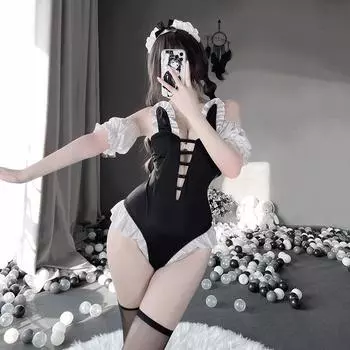 Сексуальное нижнее белье униформа соблазнение черно-белое платье горничной трехточечное страсть прозрачное кружево горячие бретели горничная ночная сорочка Average size