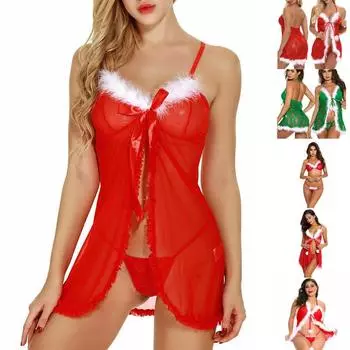 Sexy Lingerie Women Red Babydoll Nightwear Santa Christmas Gstring Sleepwear 3pcs,L