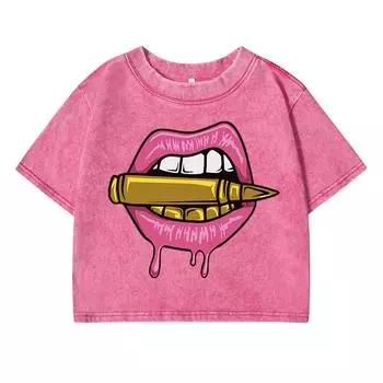 Sexy Lipsprinting Women Washed Short Tshirts Summer T-Shirt Breathable O-Neck Tee Shirts Soft Midriff-Baring Clothes L