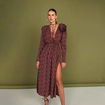 Сексуальное свободное женское платье с принтом 2025 года, модное платье миди с глубоким V-образным вырезом и длинными рукавами, элегантные вечерние платья с высокой талией и разрезом S чёрный