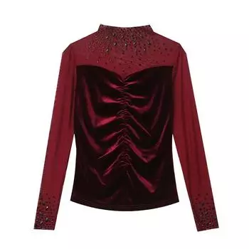 Sexy Mesh Velvet Base Shirt with Long Sleeve Winter Beaded Half Turtleneck Top with Long Sleeve T-shirt M