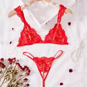 Сексуальный новый соблазнительный красный кружевной прозрачный женский трехточечный женский секс-костюм с разрезом S