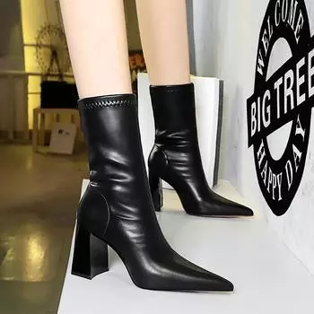 Сексуальные ночные клубы показывают тонкий толстый каблук супер высокий каблук остроносые зимние короткие сапоги женские сапоги короткие сапоги DS-318-12 34 чёрный