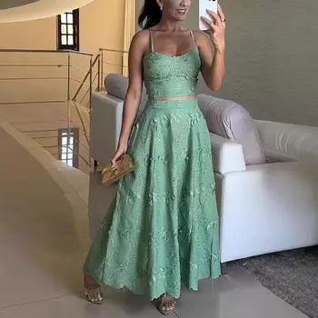 Сексуальный костюм с открытыми плечами и длинной юбкой, элегантный плиссированный облегающий пляжный костюм для отдыха, новый однотонный жаккардовый женский костюм для вечеринок S зелёный