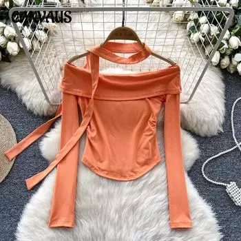 Sexy One-shoulder Long-sleeved Women s Fall Atmosphere Sense Slim Flutter Bottoming Tops One size розы красного