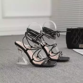 Sexy Open Toe Square Head Strange Style Heel Sandals for Women Cross-Tied Ankle Strap Clear High Heels Party Club Shoe Sandalen 35