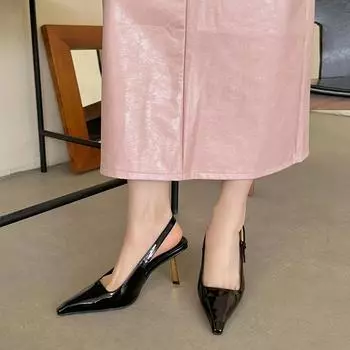 Сексуальные лакированные туфли на высоком каблуке с открытой пяткой, женские туфли-лодочки с острым носком, пряжкой на ремне, для вечеринки, свадьбы, сандалии 35 чёрный