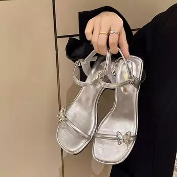 Sexy Peep Toe Narrow Band Buckle Strap Womens Sandals Summer Rhinestone Butterfly Decoration Crystal Thick High Heel Shoe Modern 35 бежевый