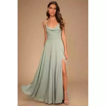 Sexy Pile Collar Split Chiffon Dress Sling Light green L