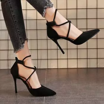 Sexy pointed high heels women s 2025 spring new temperament cross-strap single shoes suede thin heel shallow mouth women s shoes 36