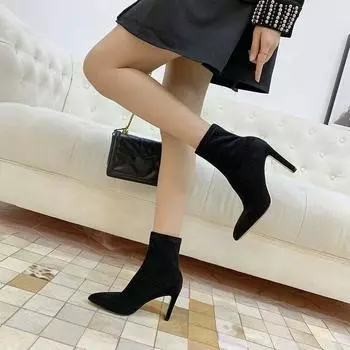 Sexy pointed suede thick heel elastic thin boots 2025 autumn thick heel simple high heel short boots female trend temperament 35