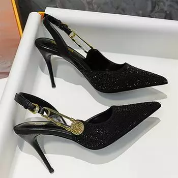 Sexy Pointed Toe Heeled Sandals Women Rhinestone Decoration Women Pumps Fashion Metal Chain Design High Heels Wedding Party Shoe 35