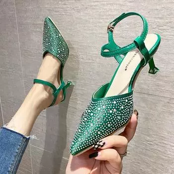 Сексуальные туфли на высоком каблуке с острым носком, женские модные босоножки со стразами, летние дышащие женские туфли-лодочки с ремешком на щиколотке, свадебные туфли 35 чёрный