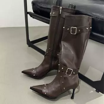 Sexy Pointed Toe Women Chelsea Boots High Heels Designer Knee High Shoes 2024 Winter Gladiator Shoes New Pumps Mujer Zapatos 35 бежевый