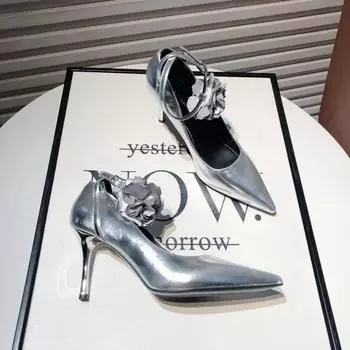 Sexy Pointed Toe Women s Pumps 2024 New Fashion One-word Belt Design Women Shoes Elegant Floral Embellished Casual High Heels 35 чёрный