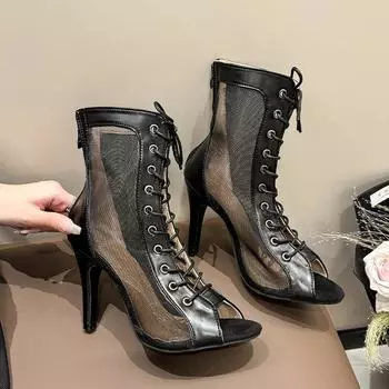 Sexy PVC Transparent Boots Sandals Peep Toe Shoes Clear Chunky Heels Lace-Up Sandals Mujer Women Short Boots Fashion Party 35