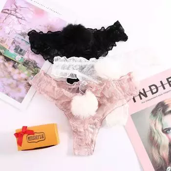 Sexy Rabbit Tail Low Waist Plush Ball Thong G-string Panties Lace L