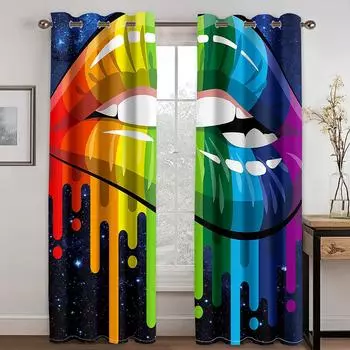 Sexy Red Lips Rainbow Abstract Art Mouth Girl Light Filtering Drapes Window Curtains for Living Room Bedroom 2 Pieces Decor (W50H130cm)-2pcs&Hook