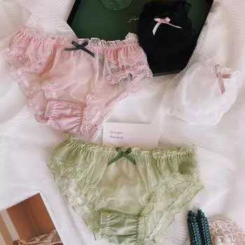 Sexy Ruffles Bow Mid-waist Hollow Transparent Lingerie Mesh Panties Briefs Underwear M