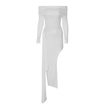 Sexy See-through High Waist Rope Streamer Long Sleeve Dress White M