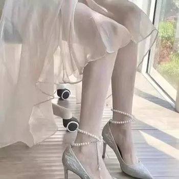 Sexy silver high heels 2025 spring and autumn pearl chain pointed stiletto shoes women s shallow wedding shoes bridesmaid shoes 34