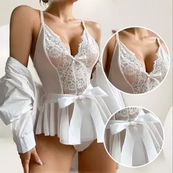 Сексуальное облегающее боди с кружевной прозрачной вставкой, цветочным принтом, бантом и поясом. Летнее женское сексуальное и забавное нижнее белье. M