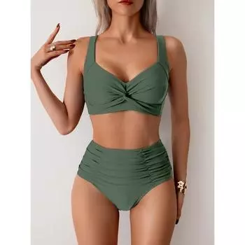 Sexy Sportswear for Women Vintage Fashion Sleeveless Swim Solid Folds 2025 New Spring Summer Two Piece Suits Bikinis Set S
