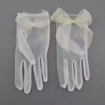 Sexy Sweet Girl Women Bridal Lace Bow Tulle Mittens Short Wedding Gloves Pearl Finger Gloves B