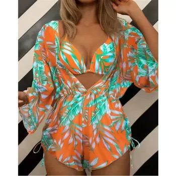 Сексуальный костюм-тройка, изящный воротник с принтом, регулируемая по талии, юбка на шнуровке, купальник S