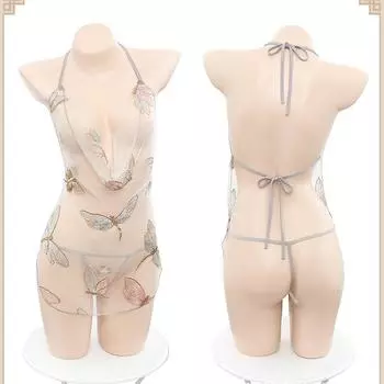 Сексуальное нижнее белье золотого цвета с вышивкой стрекозы, воротник-стойка, накладной карман на животе, античная перспектива, открытая спина, сексуальные бретели, накладной карман на животе, женщина Average size