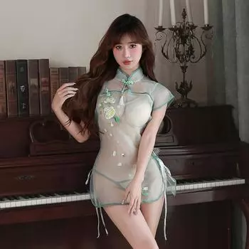 Сексуальное нижнее белье сетка перспектива воротник-стойка ципао сексуальная вышивка разрез бедра соблазнительная пижама горячий бесплатный комплект One Size