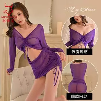 Сексуальное нижнее белье ветер чистого желания сетчатый прозрачный костюм новая фиолетовая атмосфера сексуальная ночная сорочка с длинным рукавом и облегающая бедра 2188 one size fits all