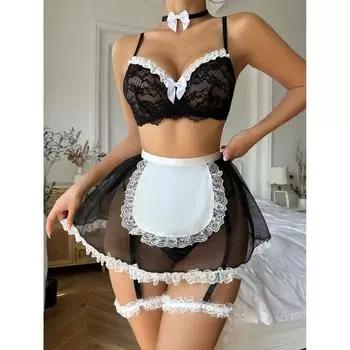 Сексуальное нижнее белье Сексуальный бюстгальтер Кружевной комплект бюстгальтера Нижнее белье Горничная Пакет Раздельный Бант Горошек Женский S
