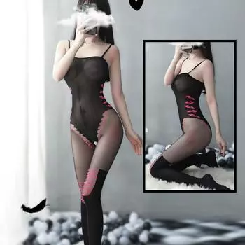 Сексуальное нижнее белье, Сексуальные чулки, Комплект боди, Открытая промежность, Страстное искушение, Сетчатое пальто, Боди с подвязками без застежки. One Size