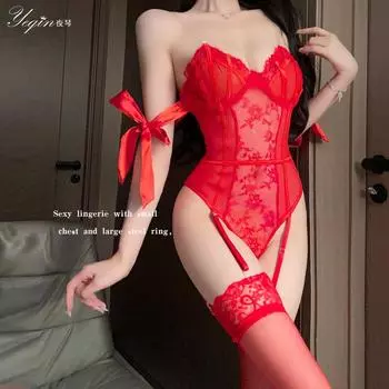 Сексуальное нижнее белье боди из трех частей женское облегающее кружевное с открытым пахом свободное собирающее грудь детка пижама average size