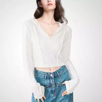 Sexy V-neck Crop Top Short Hooded Long Sleeve Top T-shirt Rice White M